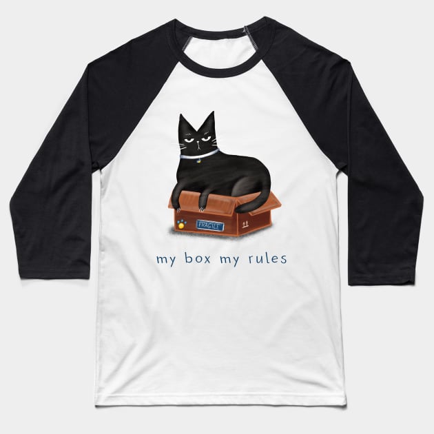 Cartoon black cat in a box and the inscription "My box - my rules". Baseball T-Shirt by Olena Tyshchenko